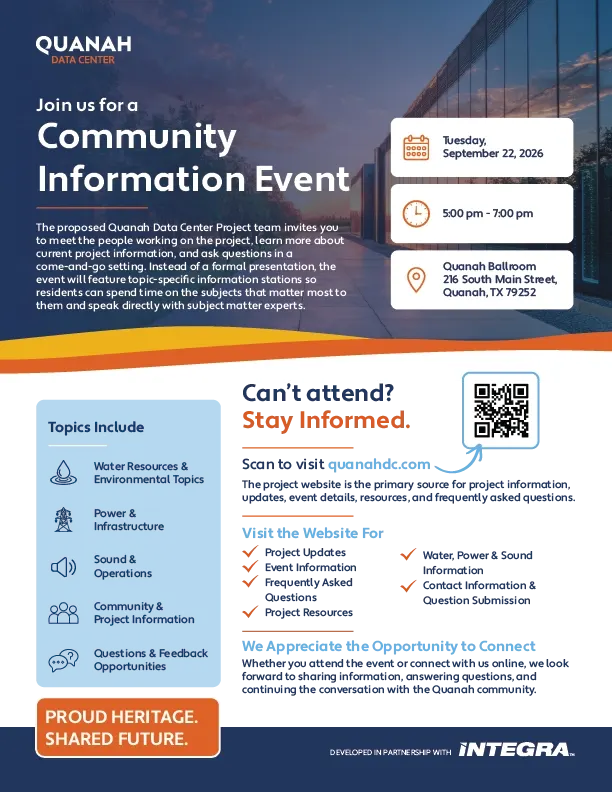 Event flyer for the Quanah Data Center Community Information Event, listing the date, time, venue and the five topic stations.